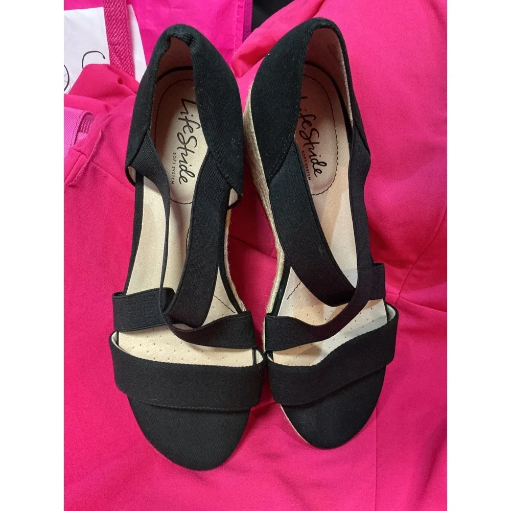 LifeStride Soft System Wedge Sandals Womens 10M Black NWOT Espadrille‎ Strappy